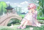  1girl architecture benghuai_xueyuan blush china_dress chinese_clothes dress east_asian_architecture hand_fan heterochromia highres honkai_(series) honkai_impact_3rd light_purple_hair lily_pad long_sleeves multicolored_hair open_mouth pink_hair purple_eyes rabbit short_hair sin_mal sin_mal0909 solo split-color_hair yellow_eyes 