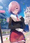  1girl black_thighhighs blurry blurry_background blush breasts cowboy_shot fate/grand_order fate_(series) glasses hair_over_one_eye highres jacket large_breasts looking_at_viewer mash_kyrielight miniskirt mishiro_(ixtlolton) necktie outdoors purple_eyes purple_hair red_necktie red_skirt shirt short_hair skirt smile solo thighhighs white_shirt zettai_ryouiki 