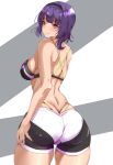  1girl absurdres ass back black_bra black_hairband blush bra breasts butt_crack closed_mouth commentary_request cowboy_shot from_behind hairband highres looking_at_viewer looking_back medium_breasts moroheiya_(moroheiya-works) original purple_hair red_eyes short_hair short_shorts shorts smile solo sports_bra standing thigh_gap underwear 