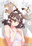  1girl animal_ears artist_name bathing blue_archive brown_hair ear_wiggle fox_ears fox_girl fox_tail halo hand_up hands_on_another&#039;s_head highres holding holding_towel izuna_(blue_archive) naked_towel shampoo short_hair tail tail_wagging towel upper_body washing_hair wet wet_hair wet_towel wisespeak yellow_eyes 