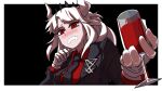  1girl absurdres alcohol bangs black_background black_jacket black_necktie border breasts clenched_teeth collared_shirt crown cup d: demon_girl demon_horns drinking_glass gloves hands_up helltaker highres holding holding_cup horns jacket large_breasts lemontansan long_hair long_sleeves lucifer_(helltaker) mole mole_under_eye necktie red_eyes red_shirt shirt solo teeth tie_clip white_border white_gloves wine wine_glass 