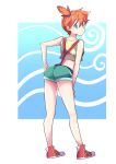  1girl absurdres ass bangs bare_arms bare_legs bare_shoulders blue_background border crop_top green_eyes hair_between_eyes hand_on_hip highres kjus6668 misty_(pokemon) orange_hair pokemon pokemon_(anime) pokemon_(classic_anime) shirt short_hair short_shorts shorts side_ponytail sleeveless sleeveless_shirt solo suspender_shorts suspenders white_border yellow_crop_top 