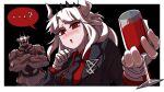 ... 1girl ? absurdres alcohol bangs black_background black_jacket black_necktie blush border breasts collared_shirt crossed_arms crown cup demon_girl demon_horns drinking_glass gloves glowing glowing_eyes hands_up helltaker highres holding holding_cup horns jacket large_breasts lemontansan long_hair long_sleeves lucifer_(helltaker) mole mole_under_eye necktie red_eyes red_shirt shirt skeleton_(helltaker) solo_focus tie_clip white_border white_gloves wine wine_glass 