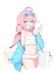  1girl :d absurdres bikini blue_archive blue_eyes blush breasts eyewear_on_head fang food heterochromia highres hoshino_(blue_archive) hoshino_(swimsuit)_(blue_archive) long_hair looking_at_viewer navel open_mouth pink_hair popsicle rong_hui simple_background small_breasts smile solo sunglasses swimsuit twintails v white_background white_bikini yellow_eyes 