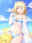  1girl absurdres azur_lane bikini blonde_hair blue_bikini blue_eyes blue_sky breasts cloud coat crown_hair_ornament frilled_bikini frills highres le_terrible_(azur_lane) le_terrible_(sunlight_seaspray_and_sanctity)_(azur_lane) long_sleeves looking_at_viewer manjuu_(azur_lane) medium_hair ocean official_alternate_costume one_eye_covered open_clothes open_coat polka_dot polka_dot_bikini sitting sky small_breasts solo swimsuit vldjm13 water white_coat 