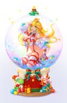  1girl blonde_hair blue_eyes blush bow breasts crown earrings fur-trimmed_jacket fur_trim hair_ornament hairclip highres jacket jewelry kneeling large_breasts long_hair looking_at_viewer mario mario_(series) mushroommirror no_bra off_shoulder open_mouth princess_peach ribbon smile snow_globe thighhighs toad_(mario) yoshi 