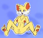  2022 absurd_res anthro anus breasts canid canine cheek_tuft chest_tuft claws digital_media_(artwork) facial_tuft feet female fennekin foot_fetish fur generation_6_pokemon genitals hair hi_res inner_ear_fluff inviting looking_at_viewer mammal nintendo nipples notsafeforvee nude open_mouth pawpads paws pokemon pokemon_(species) pussy red_eyes simple_background solo spread_legs spreading toes tuft video_games yellow_body yellow_fur 