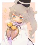  1girl ashiyu_(ashu-ashu) black_headwear blue_eyes fang food grey_hair hat japanese_clothes kariginu long_hair mononobe_no_futo open_mouth ponytail ribbon-trimmed_sleeves ribbon_trim short_eyebrows skin_fang solo star_(symbol) sweet_potato tate_eboshi touhou wide_sleeves yellow_background 