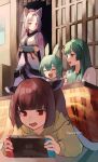  4girls absurdres ahoge animal_ear_fluff animal_ears bangs beads blush brown_hair closed_eyes closed_mouth commentary_request cup green_hair green_hairband green_suspenders grey_hair hairband handheld_game_console highres holding holding_cup holding_handheld_game_console hood hoodie japanese_clothes kimono kotatsu long_hair long_sleeves looking_at_another lying multiple_girls nintendo_switch on_stomach open_mouth red_eyes siblings sidelocks sisters sweatdrop table tananuki touhoku_itako touhoku_kiritan touhoku_zunko twitter_username under_kotatsu under_table voiceroid voicevox watermark wide_sleeves zundamon 
