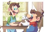  2boys :d antenna_hair apron blue_apron blue_eyes blue_pants blush book bookshelf bowl brothers brown_hair buttons chair facial_hair feet_out_of_frame gloves green_shirt holding holding_bowl hoshikuzu_pan indoors long_sleeves looking_at_another luigi male_focus mario mario_(series) multiple_boys mustache no_headwear on_chair open_mouth overalls pants profile red_shirt shirt short_hair siblings sitting smile standing steam table teeth turtleneck upper_teeth_only white_gloves window 