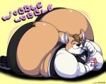  anthro ass_up big_butt black_clothing black_tie_(suit) brown_hair butt cake clothing cutlery deonwolf dessert eating eyes_closed food fork fur hair huge_butt hyper hyper_butt kitchen_utensils lying male obese on_front overweight plate smile solo suit tan_body tan_fur theo_(corpulent_corgi) tools torn_clothing white_body white_clothing white_fur 