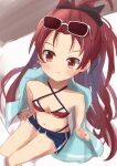  1girl bikini bikini_under_clothes chokokuro closed_mouth criss-cross_halter eyewear_on_head halterneck highres looking_up mahou_shoujo_madoka_magica red_bikini red_eyes red_hair sakura_kyouko shorts sitting smile solo striped striped_bikini swimsuit towel white_bikini 