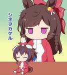  2girls =_= alternate_costume animal_ears annoyed black_hair chibi commentary_request daiichi_ruby_(umamusume) daitaku_helios_(umamusume) gomashio_(goma_feet) highres horse_ears horse_tail jacket long_hair meme multiple_girls pinching purple_eyes salt salt_bae_(meme) simple_background tail track_jacket umamusume 