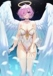  absurdres alternate_costume angel_wings bangs bare_arms bare_shoulders blush breasts cleavage covered_navel eyes_visible_through_hair fate/grand_order fate_(series) hair_over_one_eye halo highres large_breasts leotard looking_at_viewer mash_kyrielight parted_lips pink_hair purple_eyes short_hair solar_(happymonk) solo thighhighs thighs white_leotard white_thighhighs wings 