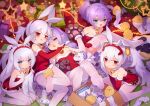  +_+ 5girls animal_ears animal_hands azur_lane bat_ornament bell between_legs blue_eyes breasts christmas christmas_present clothes_pull detached_sleeves double_bun dress elbow_gloves fake_animal_ears gift gloves green_eyes hair_bun hand_between_legs highres hug javelin_(azur_lane) laffey_(azur_lane) le_malin_(azur_lane) long_hair low_twintails manjuu_(azur_lane) medium_hair multiple_girls neck_bell no_shoes pantyhose pantyhose_pull paw_gloves purple_eyes purple_hair purple_ribbon rabbit_ears red_eyes ribbon sitting small_breasts strapless strapless_dress tongue tongue_out tsubasa_tsubasa twintails unicorn_(azur_lane) vampire_(azur_lane) wariza white_gloves white_hair white_pantyhose wide_ponytail 