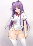  1girl ass_visible_through_thighs blush breasts clannad covered_nipples fujibayashi_kyou groin gym_uniform hair_intakes hair_ribbon holding ishikei long_hair looking_at_viewer medium_breasts nipples no_panties photoshop_(medium) purple_eyes purple_hair pussy pussy_juice revision ribbon see-through short_sleeves simple_background solo standing thighhighs thighhighs_pull uncensored very_long_hair white_thighhighs 