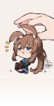  1girl 1other @_@ amiya_(arknights) animal_ear_fluff animal_ears arknights bangs beni_shake black_jacket blue_eyes blue_skirt blush brown_background brown_hair brown_thighhighs chibi commentary_request hair_between_eyes highres jacket long_hair long_sleeves minigirl no_shoes nose_blush notice_lines ponytail puffy_long_sleeves puffy_sleeves rabbit_ears signature simple_background skirt thighhighs very_long_hair 