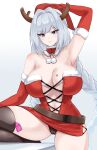  1girl absurdres antlers armpits bare_shoulders blue_eyes braid breast_tattoo breasts cameltoe commentary condom condom_in_clothes crimecrime elbow_gloves ethel_(xenoblade) gloves hair_intakes hat highres large_breasts looking_at_viewer navel pom_pom_(clothes) red_gloves reindeer_antlers revealing_clothes santa_costume santa_hat single_braid solo tattoo thighhighs xenoblade_chronicles_(series) xenoblade_chronicles_3 