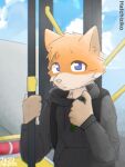 2022 4:3 anthro bag black_clothing black_sweater black_topwear blue_sky bus canid canine clothed clothing colored commercial_vehicle digital_drawing_(artwork) digital_media_(artwork) fox fur hatchiziko hi_res holding_object holding_pen humanoid looking_at_viewer male mammal pen portrait public public_transportation purple_eyes sashiki shaded sky solo solo_focus standing sweater text topwear vehicle vehicle_for_hire 