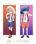  1boy 1girl :d arm_behind_back astrayin black_footwear black_hair black_socks blue_eyes blue_necktie blue_shorts breast_pocket brown_footwear brown_hair closed_mouth collared_shirt copyright_name cosplay edogawa_conan florian_(pokemon) florian_(pokemon)_(cosplay) full_body glasses haibara_ai hair_between_eyes highres holding holding_poke_ball juliana_(pokemon) juliana_(pokemon)_(cosplay) meitantei_conan necktie open_mouth orange_necktie orange_shorts over-rim_eyewear pocket poke_ball pokemon pokemon_(game) pokemon_sv semi-rimless_eyewear shiny shiny_hair shirt short_hair short_shorts short_sleeves shorts smile socks standing striped striped_shorts twitter_username vertical-striped_shorts vertical_stripes white_shirt white_socks wing_collar 