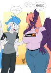  anthro big_breasts blue_eyes blue_hair bodily_fluids breasts dialogue dreamy_daze_(oc) english_text equid equine fan_character female freckles fur hair hasbro male mammal mature_female mother mother_and_child mother_and_son my_little_pony orange_hair parent parent_and_child pegasus purple_body purple_fur son starry_daze_(oc) sweat sweatdrop text thick_thighs wings zwitterkitsune 