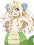  1girl ;d \n/ ahoge aozora_tsuru blonde_hair blue_eyes blue_ribbon blush breasts commentary_request fang fangs hair_censor hair_ornament hair_ribbon highres jashin-chan jashin-chan_dropkick lamia long_hair looking_at_viewer monster_girl navel nude one_eye_closed open_mouth photoshop_(medium) ribbon shiny shiny_hair simple_background skin_fang small_breasts smile solo upper_body white_background 