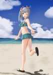  1girl absurdres aqua_bikini bangs beach bell bikini black_footwear blue_hair blue_sky breasts brown_eyes cloud cloudy_sky commentary_request crab crab_on_head day eyelashes flip-flops flower frilled_bikini frills from_behind full_body gradient_hair grey_hair hair_bell hair_flower hair_ornament highres kantai_collection kasumi_(kancolle) legs long_hair looking_back multicolored_hair ocean one_eye_closed open_mouth outdoors outstretched_arm sandals shadow side_ponytail sidelocks sky small_breasts solo sorairo_haruka standing standing_on_one_leg swimsuit teeth thighs toes twitter_username upper_teeth_only water 