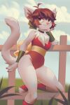  accessory anthro bow_ribbon clawdia_dia clothing cloud collar cute_fangs domestic_cat felid feline felis female fence fighting_foodons hair_accessory hair_bow hair_ribbon leotard mammal miles_df neck_tuft resting_arm ribbons solo toeless_legwear tuft 