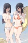  2girls absurdres armpit_crease asakura_nuruma ball beach beachball bikini bikini_under_clothes blue_eyes blue_sky blurry blurry_background blush braid breasts cleavage clothes_lift collarbone covered_nipples finger_to_own_chin hair_between_eyes hair_ornament hairclip highres holding holding_clothes holding_innertube holding_swimsuit innertube long_hair looking_at_viewer makinohara_shouko medium_breasts midriff multiple_girls navel ocean rabbit_hair_ornament red_bikini sakurajima_mai seishun_buta_yarou shiny shiny_skin shirt shirt_lift single_braid sky smile stomach string_bikini swimsuit thighs watch water wet wet_clothes wet_face wet_shirt wet_swimsuit white_bikini wristwatch yellow_innertube 