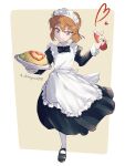  1girl alternate_costume apron astrayin bangs black_bow black_bowtie black_footwear black_shirt black_skirt blue_eyes bow bowtie brown_hair enmaided full_body haibara_ai hair_between_eyes highres holding holding_plate long_skirt long_sleeves maid maid_headdress mary_janes meitantei_conan pantyhose plate shiny shiny_hair shirt shoes short_hair skirt solo standing tongue tongue_out white_apron white_pantyhose 