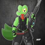  anthro bottomwear bulletproof_vest cargo_pants clock clothing elbow_pads fern_shinamori fingerless_gloves generation_3_pokemon gloves green_body gun handgun handwear hi_res holding_gun holding_object holding_weapon holster holstered_pistol jewelry knee_pads knife knife_sheath leg_holster male necklace ninjatreecko nintendo nose_bandage pants pokemon pokemon_(species) pokemorph pouches ranged_weapon shell_(projectile) shotgun shotgun_shell solo spas-12 standing tagme topwear treecko vest video_games watch weapon weapon_on_back yellow_eyes 