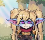  1boy bangs closed_mouth crossed_arms day frown genderswap genderswap_(ftm) league_of_legends long_hair long_sleeves outdoors phantom_ix_row pink_eyes poppy_(league_of_legends) red_scarf scarf shiny shiny_hair shoulder_plates sweatdrop tree twintails yordle 