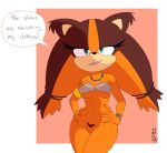  2022 absurd_res anthro badger bunbunmuffins clothing dialogue digital_media_(artwork) english_text female fingers genitals hi_res looking_at_viewer mammal mustelid musteline pussy sega simple_background solo sonic_boom sonic_the_hedgehog_(series) sticks_the_jungle_badger text 