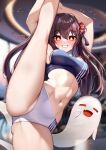  1girl armpits arms_up bangs bare_arms bare_legs blurry blurry_background blush boo_tao_(genshin_impact) breasts brown_hair buruma commentary crop_top genshin_impact grin hair_between_eyes highres hu_tao_(genshin_impact) indoors large_breasts leg_up long_hair looking_at_viewer midriff navel no_headwear red_eyes smile solo split sports_bra squchan standing standing_on_one_leg standing_split stomach thighs twintails very_long_hair white_buruma 