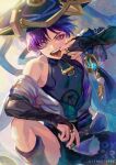  1boy armor artist_name bare_shoulders blue_gemstone blunt_ends gem genshin_impact hand_in_mouth hat highres japanese_armor jingasa looking_at_viewer male_focus open_mouth oyakorodesu purple_belt purple_eyes purple_hair scaramouche_(genshin_impact) tongue tongue_out wanderer_(genshin_impact) 