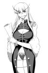  1girl absurdres alternate_costume cleavage_cutout clothing_cutout fingernails genderswap greyscale highres jedah_dohma long_fingernails long_hair map monochrome monster monster_girl pointy_ears rozavamp underwear vampire_(game) 