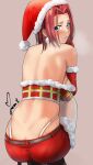  1girl ass back back_focus bare_shoulders blue_eyes blush breasts christmas code_geass code_geass:_lost_stories commentary hat highres kallen_stadtfeld looking_at_viewer looking_back pantylines red_hair santa_costume santa_hat solo sweat yoo_tenchi 