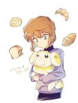  1girl astrayin brown_hair character_request green_eyes haibara_ai highres holding holding_pokemon long_sleeves looking_down meitantei_conan parted_lips pokemon_(creature) purple_sweater shiny shiny_hair short_hair solo standing sweater twitter_username white_background 