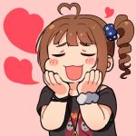  1girl :3 ahoge bangs black_skirt blush_stickers brown_hair cheek_press closed_eyes commentary drill_hair hair_ornament hair_scrunchie hands_on_own_cheeks hands_on_own_face hands_up heart heart_ahoge idolmaster idolmaster_million_live! jewelry kamille_(vcx68) long_hair lowres necklace open_mouth pink_background print_shirt scrunchie shirt short_hair side_ponytail sidelocks skirt solo upper_body wrist_scrunchie wristband yokoyama_nao 