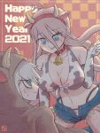  1boy 1girl 2021 :d animal_costume animal_ears animal_print bangs bare_shoulders blush breasts choker cleavage commentary_request cow_costume cow_ears cow_horns cow_print cowboy_shot danganronpa_(series) danganronpa_v3:_killing_harmony elbow_gloves fake_animal_ears fake_horns gloves green_eyes grey_hair hair_between_eyes hakusoto hand_up happy_new_year horns iruma_miu keebo large_breasts long_hair navel open_clothes open_shorts plaid plaid_background red_choker shorts smile stomach sweat sweatdrop wavy_mouth 