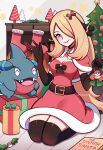  1girl absurdres black_gloves blonde_hair breasts capelet christmas_ornaments christmas_stocking christmas_tree cleavage cynthia_(pokemon) dress elbow_gloves fire fireplace gible gloves hair_over_one_eye hands_up highres lipstick long_hair looking_at_viewer makeup medium_breasts poke_ball pokemon red_capelet santa_dress seiza sitting smile solo touyarokii very_long_hair 