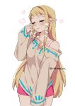  1girl bangs blonde_hair blush breasts brown_sweater closed_mouth hair_ribbon hanabelink hand_up heart highres large_breasts long_hair off_shoulder pink_shorts pointy_ears princess_zelda ribbon shorts single_bare_shoulder smile solo sweater the_legend_of_zelda the_legend_of_zelda:_skyward_sword tress_ribbon 