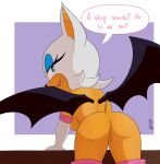  2022 absurd_res anthro armwear bat breasts bunbunmuffins butt clothing dialogue digital_media_(artwork) elbow_gloves english_text eyelashes female genitals gloves handwear hi_res looking_back mammal pussy rear_view rouge_the_bat sega simple_background solo sonic_the_hedgehog_(series) text wings 