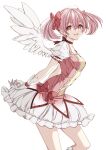  1girl choker feathered_wings gloves hair_ribbon highres image_sample kaname_madoka looking_at_viewer magical_girl mahou_shoujo_madoka_magica misteor open_mouth pink_eyes pink_hair ribbon ribbon_choker short_twintails solo soul_gem teeth twintails twitter_sample upper_teeth_only white_background white_wings wings 