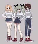  3girls alternate_costume anchovy_(girls_und_panzer) black_ribbon blonde_hair brown_eyes brown_hair casual collared_shirt commentary cutoffs denim denim_shorts denim_skirt drill_hair full_body girls_und_panzer green_hair grey_background hair_intakes hair_ribbon hand_on_hip hands_in_pockets highres jeans kay_(girls_und_panzer) long_hair long_sleeves looking_at_viewer matching_outfit multiple_girls nishizumi_maho pants red_footwear ri_(qrcode) ribbon shirt shoes short_hair short_shorts shorts simple_background skirt smile sneakers standing torn_clothes torn_jeans torn_pants twin_drills twintails waving white_shirt 