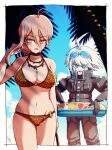 1girl :d ahoge android antenna_hair bangs barbed_wire bikini black_choker blue_eyes border breasts choker cleavage commentary_request danganronpa_(series) danganronpa_v3:_killing_harmony day gloves goggles grey_hair hakusoto hand_in_own_hair holding innertube iruma_miu keebo large_breasts long_hair navel o-ring open_mouth outside_border palm_tree power_armor short_hair signature smile sweat swimsuit tree white_border white_hair 