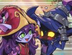  1boy 1girl :d arm_up bangs black_skin blue_headwear blush colored_skin dress ears_through_headwear emphasis_lines fang gauntlets glowing glowing_eyes green_eyes hat league_of_legends long_sleeves looking_at_another lulu_(league_of_legends) phantom_ix_row purple_hair red_dress red_headwear shiny shiny_hair smile striped_sleeves sweat upper_body veigar witch_hat yellow_eyes yordle 