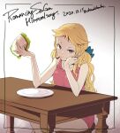  1girl blonde_hair blue_eyes breasts chimaki_(impressiveanarchy) closed_mouth collarbone dated dress earrings food jewelry long_hair looking_at_viewer myriam_(saga) plate romancing_saga_minstrel_song saga sandwich simple_background solo table 