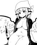  1girl absurdres alcohol animal_ears bird_ears bird_wings blush bottle bottomless breasts closed_mouth collarbone greyscale groin head_scarf highres himajin_noizu holding holding_bottle large_breasts looking_at_viewer monochrome mystia_lorelei navel sake short_hair simple_background smile solo touhou wakamezake white_background wings 
