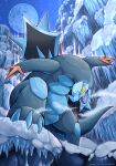  absurdres baxcalibur blue_skin cave claws colored_skin dragon fangs full_moon highres ice icicle katkichi long_tail moon no_humans pokemon pokemon_(creature) pokemon_(game) pokemon_sv skin_fangs snow tail yellow_eyes 